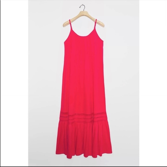 ANTHROPOLOGIE Lace Maxi Dress Tiered Flounce Hem Pullover Fuchsia M NWT - Picture 2 of 8